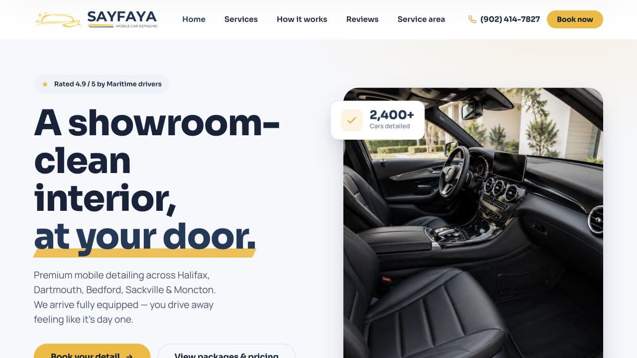 Sayfaya mobile car detailing homepage showing a car interior and booking call to action
